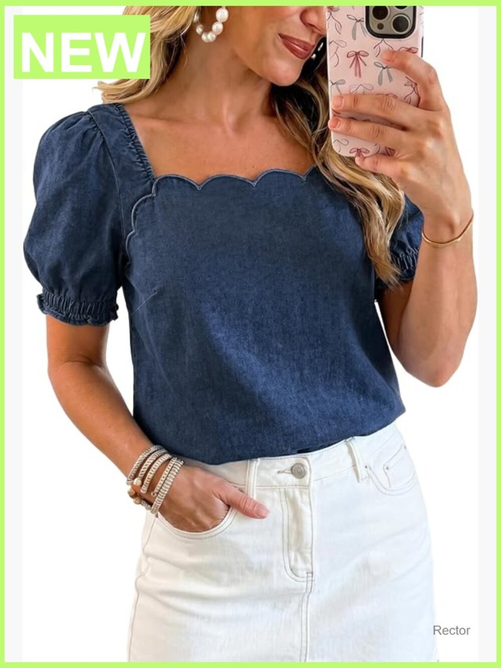 Square Neck Puff Sleeve Denim Top Blouse Jean Shirt